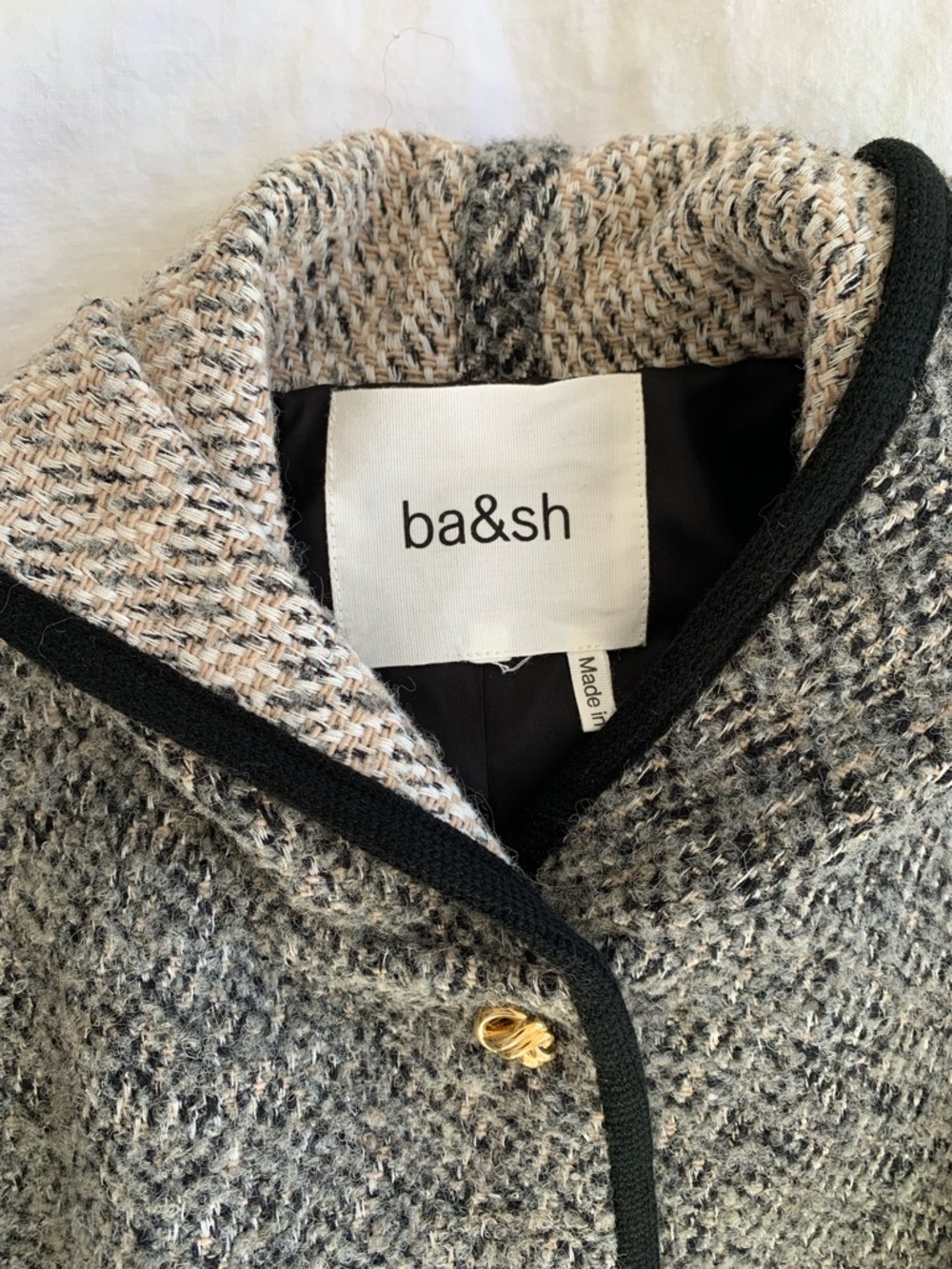 ba&sh Loctave Tweed Cotton Wool Button Trim Hood Jacket Coat Gris Black White - Picture 7 of 11